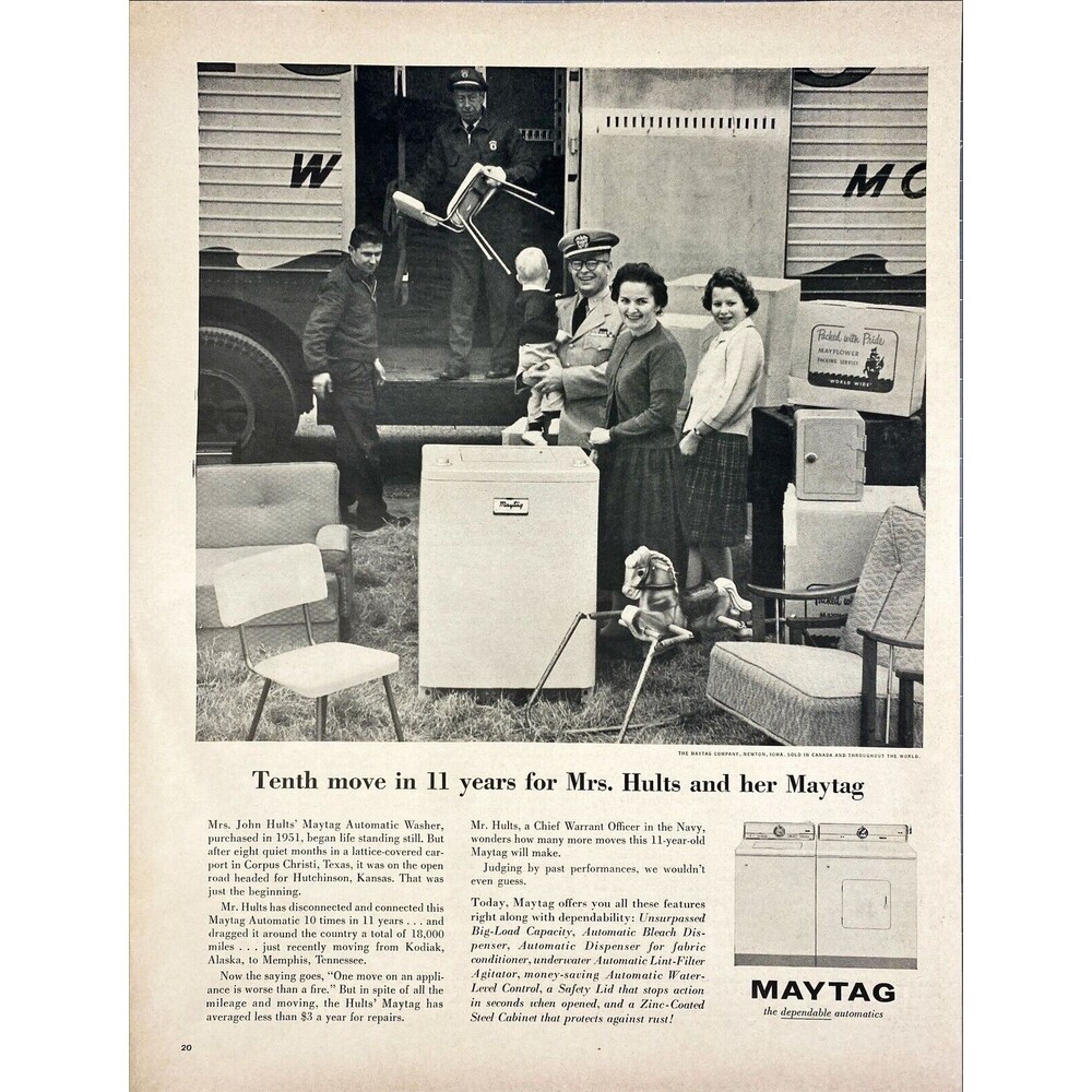 MAYTAG Dependable Automatics "10th move in 11 years for Mrs Hults" Print Ad 1963